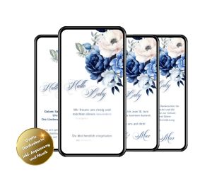 Babyparty Einladung digital mit Blumen in Blau und Weiß auf dem Handy